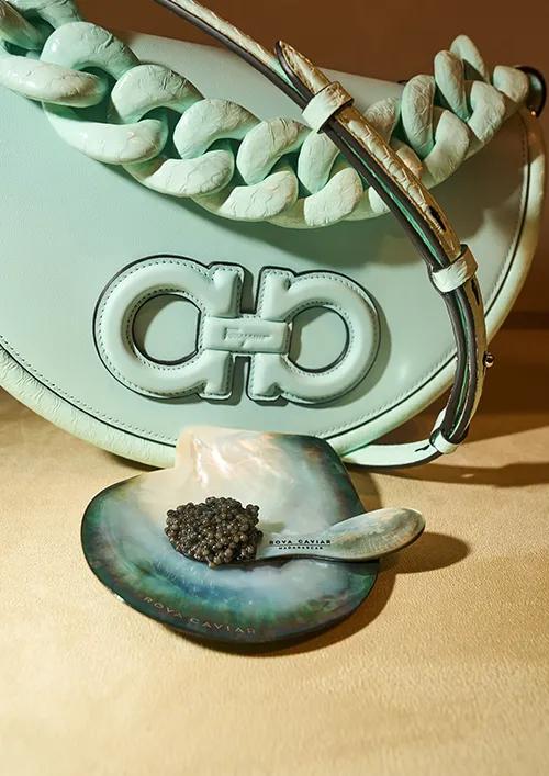 Caviar sur coupelle en nacre avec sac vert d'eau